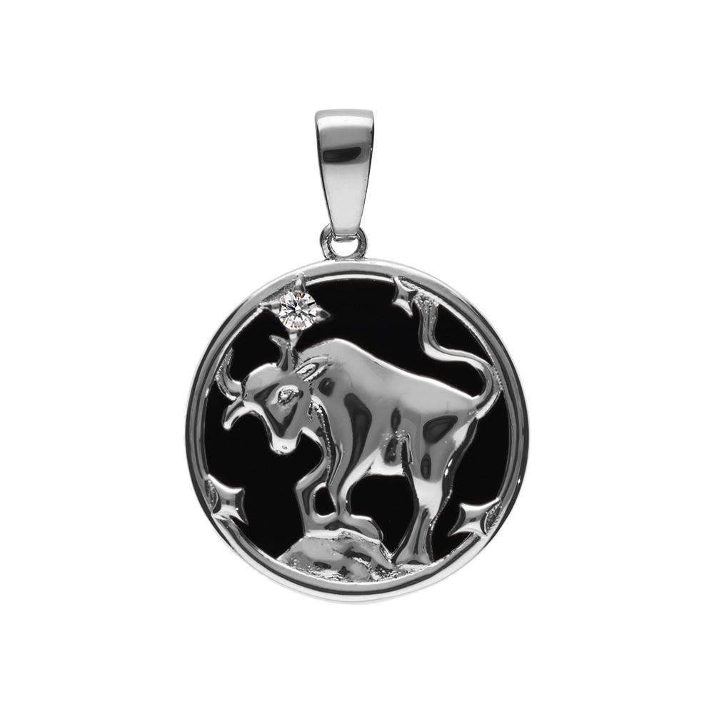 Pendentif en argent rhodi� m�daille 15mm, onyx noir imitation, zodiaque taureau et un oxyde blanc - Vue 1