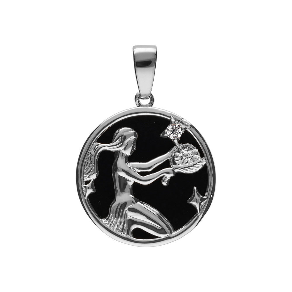 Pendentif en argent rhodi� m�daille 15mm, onyx noir imitation, zodiaque vierge et un oxyde blanc - Vue 1