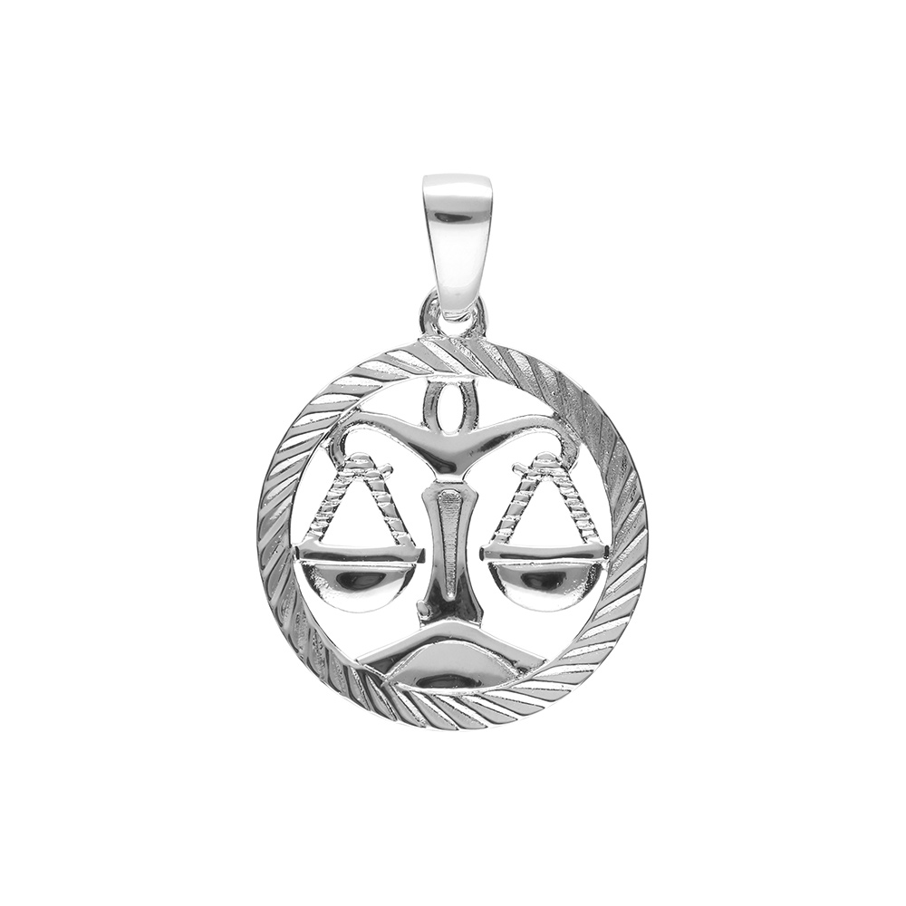 Pendentif en argent rhodi� m�daille 15mm stri�e zodiaque balance decoup� - Vue 1