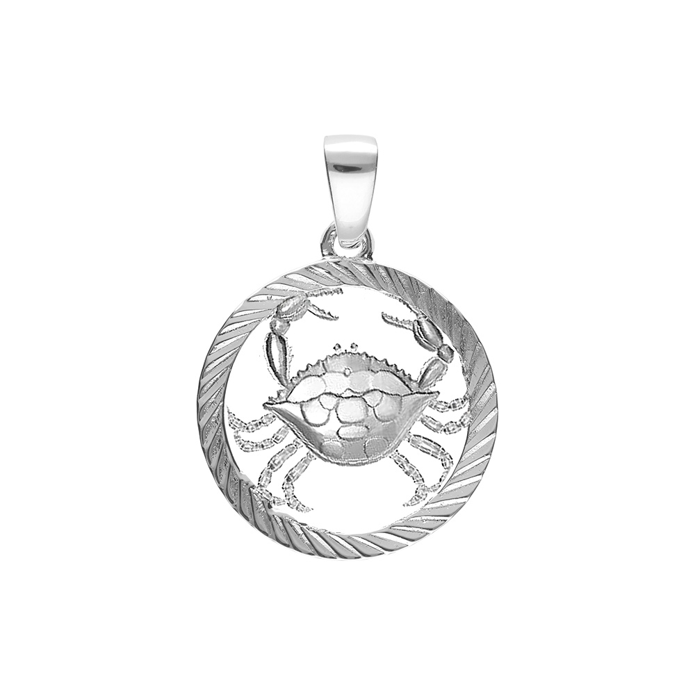 Pendentif en argent rhodi� m�daille 15mm stri�e zodiaque cancer decoup� - Vue 1
