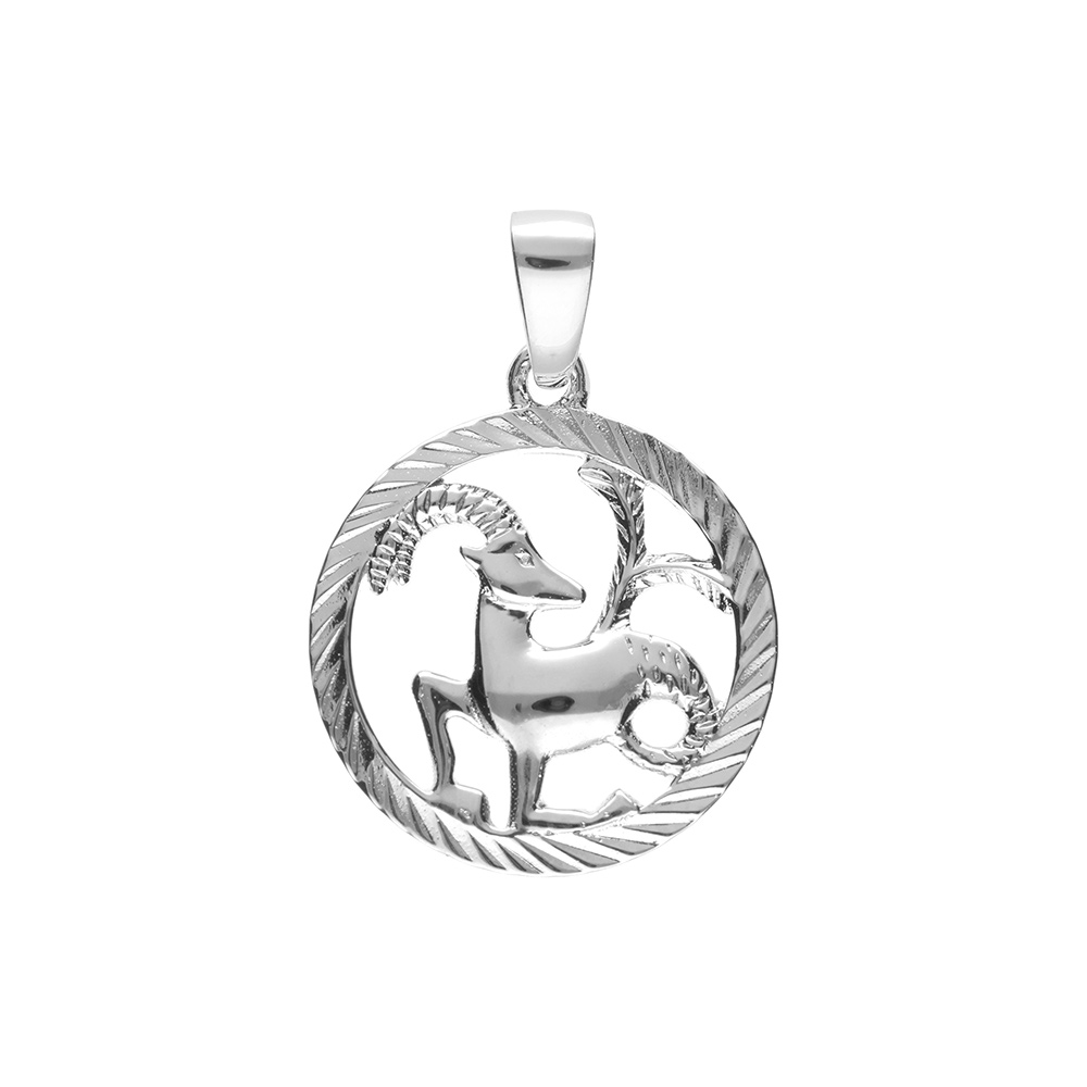 Pendentif en argent rhodi� m�daille 15mm stri�e zodiaque capricorne decoup� - Vue 1