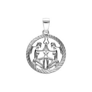 Pendentif en argent rhodié médaille 15mm striée zodiaque gemeaux decoupé - Vue 1
