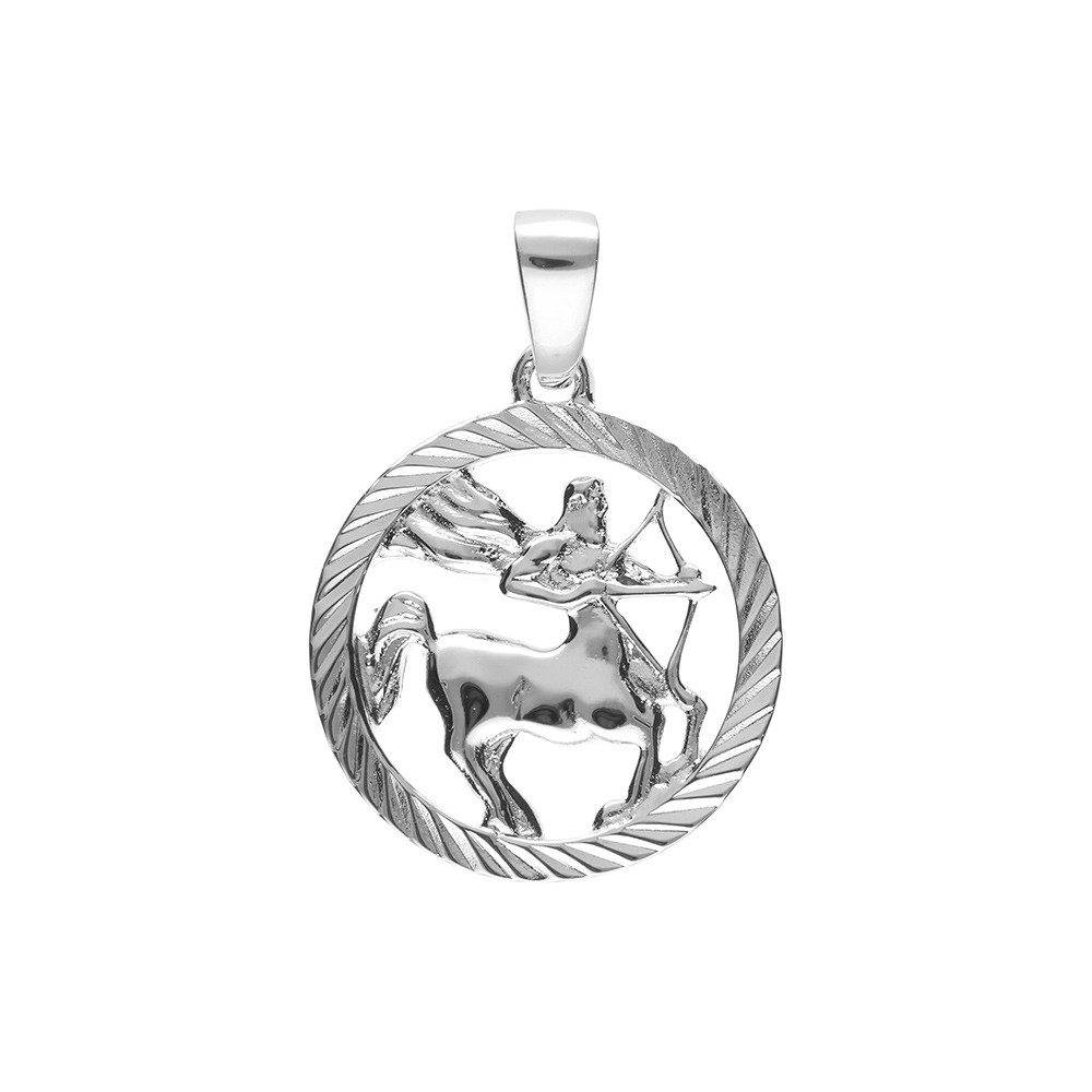 Pendentif en argent rhodi� m�daille 15mm stri�e zodiaque sagittaire decoup� - Vue 1
