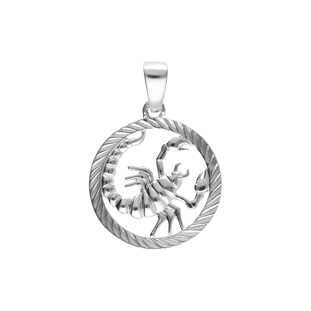 Pendentif en argent rhodi� m�daille 15mm stri�e zodiaque scorpion decoup� - Vue 1