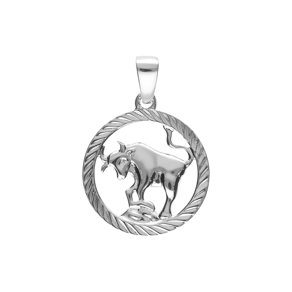 Pendentif en argent rhodi� m�daille 15mm stri�e zodiaque taureau decoup� - Vue 1
