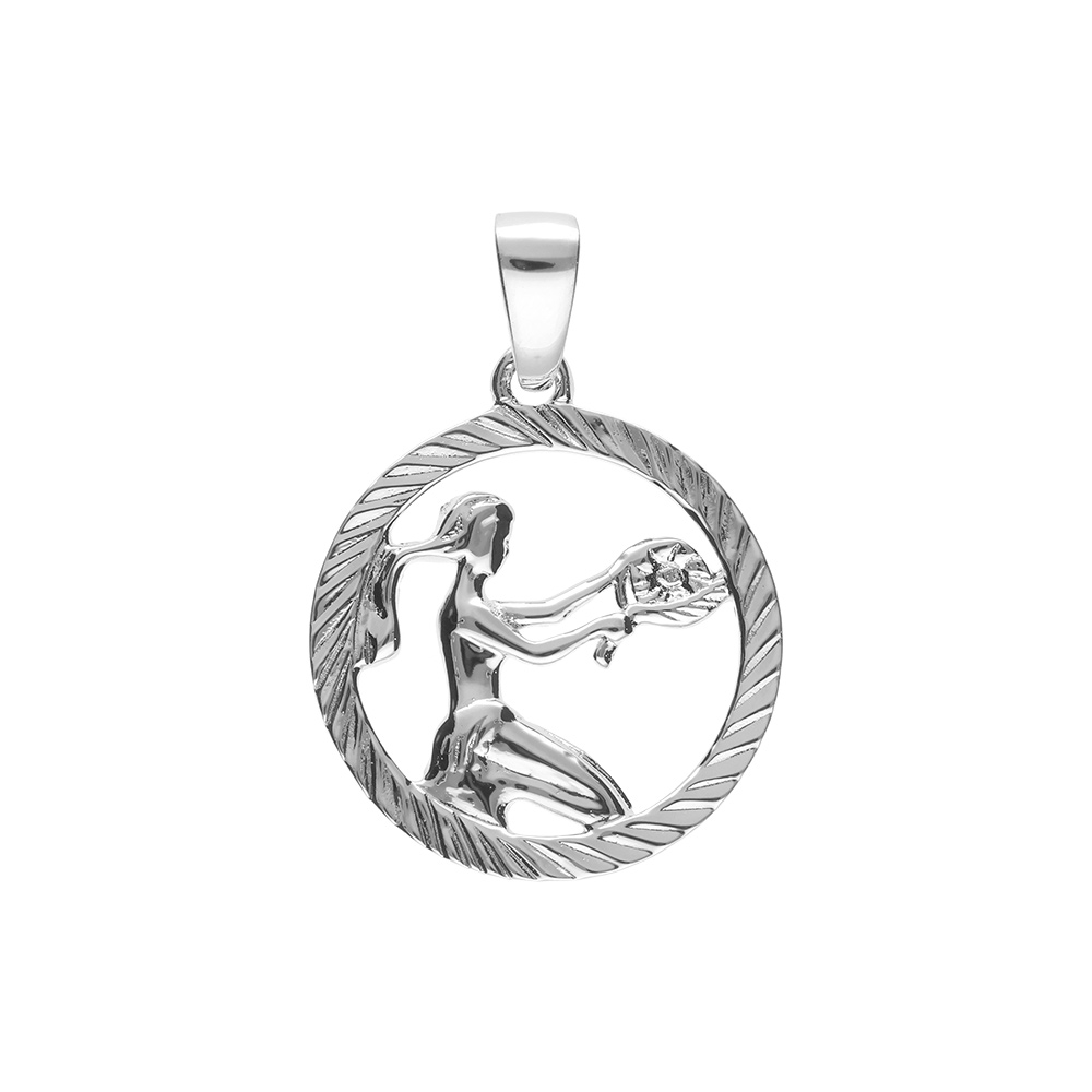 Pendentif en argent rhodi� m�daille 15mm stri�e zodiaque vierge decoup�e - Vue 1