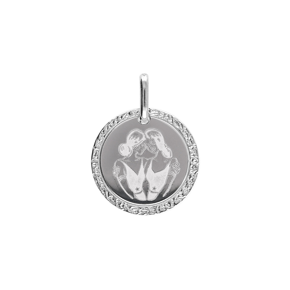 Pendentif en argent rhodi� m�daille 15mm zodiaque gemeaux - Vue 1