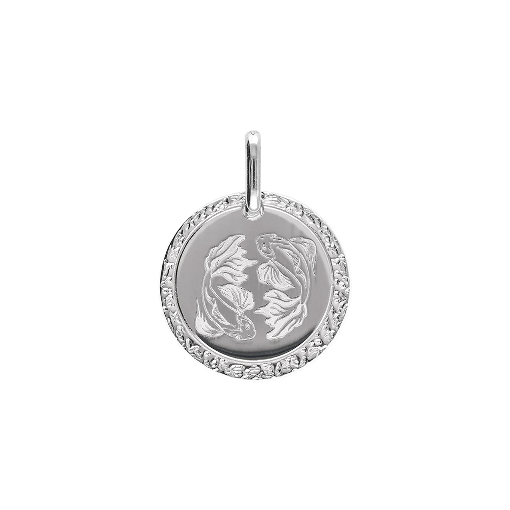 Pendentif en argent rhodi� m�daille 15mm zodiaque poisson - Vue 1