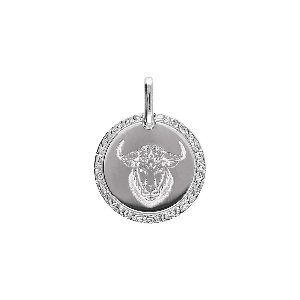 Pendentif en argent rhodi� m�daille 15mm zodiaque taureau - Vue 1