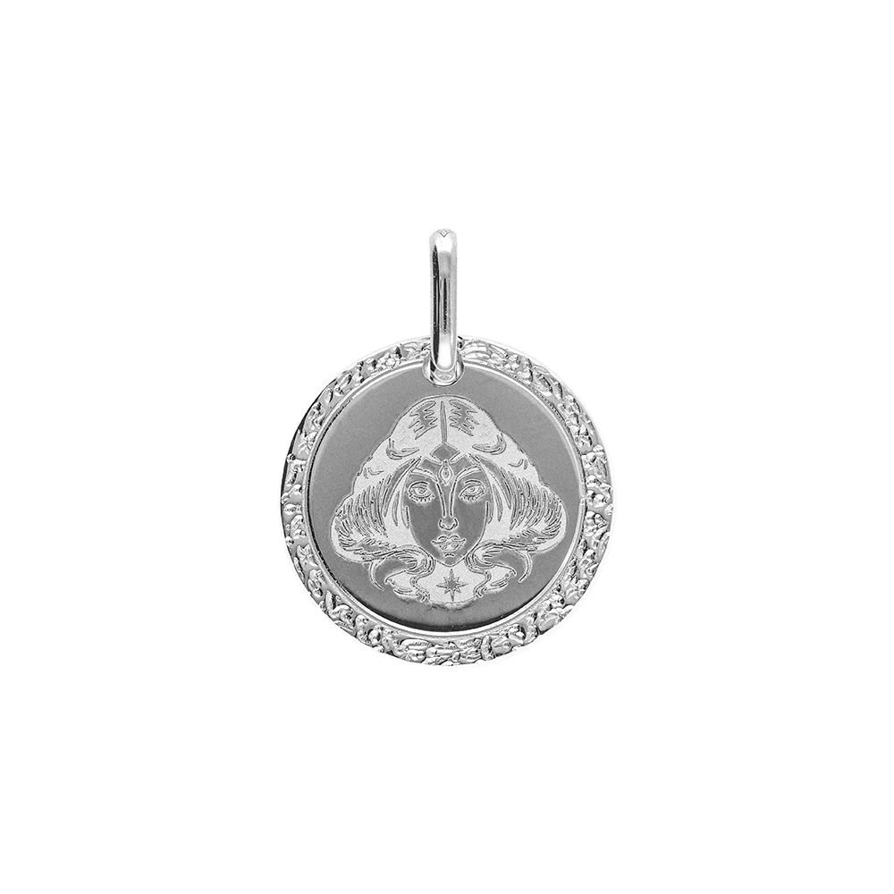 Pendentif en argent rhodi� m�daille 15mm zodiaque vierge - Vue 1