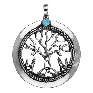 Pendentif en argent rhodié médaille avec arbre de vie et loups ajourés et turquoise véritable - Vue 1