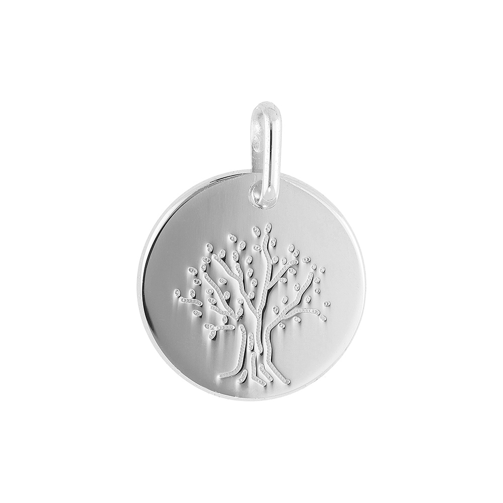Pendentif en argent rhodi� m�daille avec arbre de vie grav� - diam�tre 15mm - Vue 1