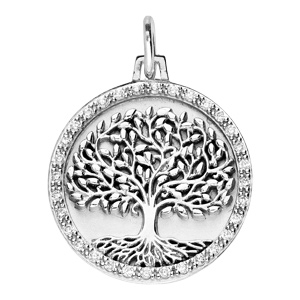 Pendentif en argent rhodi  mdaille de 20mm avec arbre de vie et oxydes blancs - Vue 1