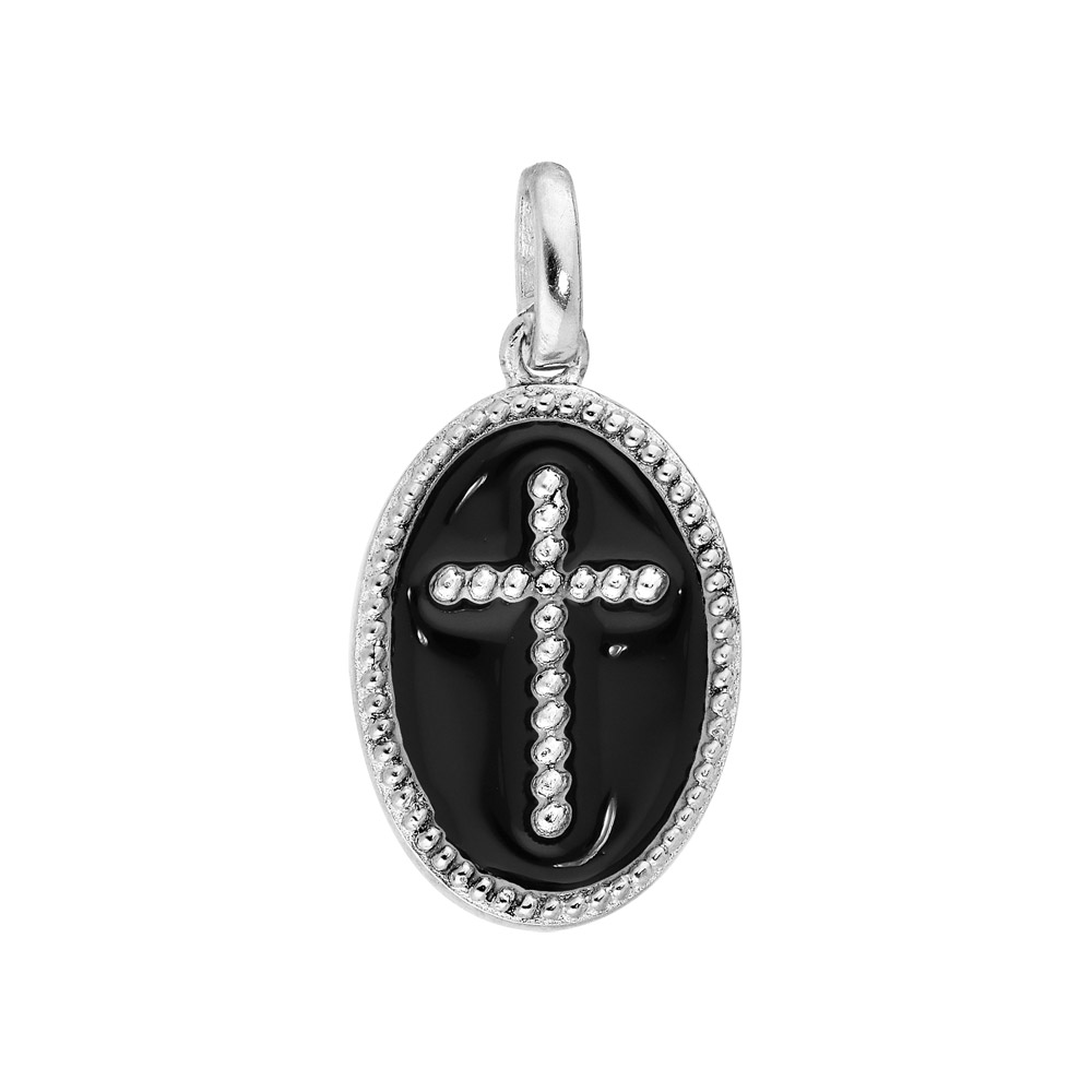 Pendentif en argent rhodi� m�daille ovale avec Croix sur fond noir - Vue 1