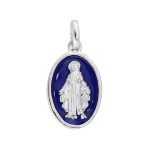 Pendentif en argent rhodi mdaille ovale miraculeuse sur fond bleu fonc - Vue 1