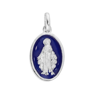 Pendentif en argent rhodi� m�daille ovale vierge miraculeuse sur fond bleu fonc�