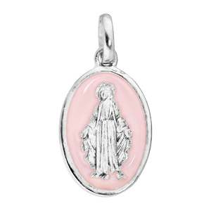 Pendentif en argent rhodi� m�daille ovale vierge miraculeuse sur fond rose pale