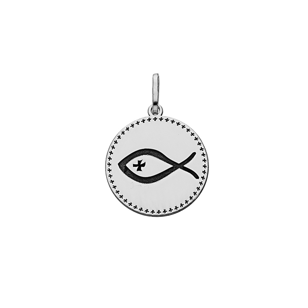 Pendentif en argent rhodi� m�daille religieuse gravure Ichthus symbole du poisson - Vue 1