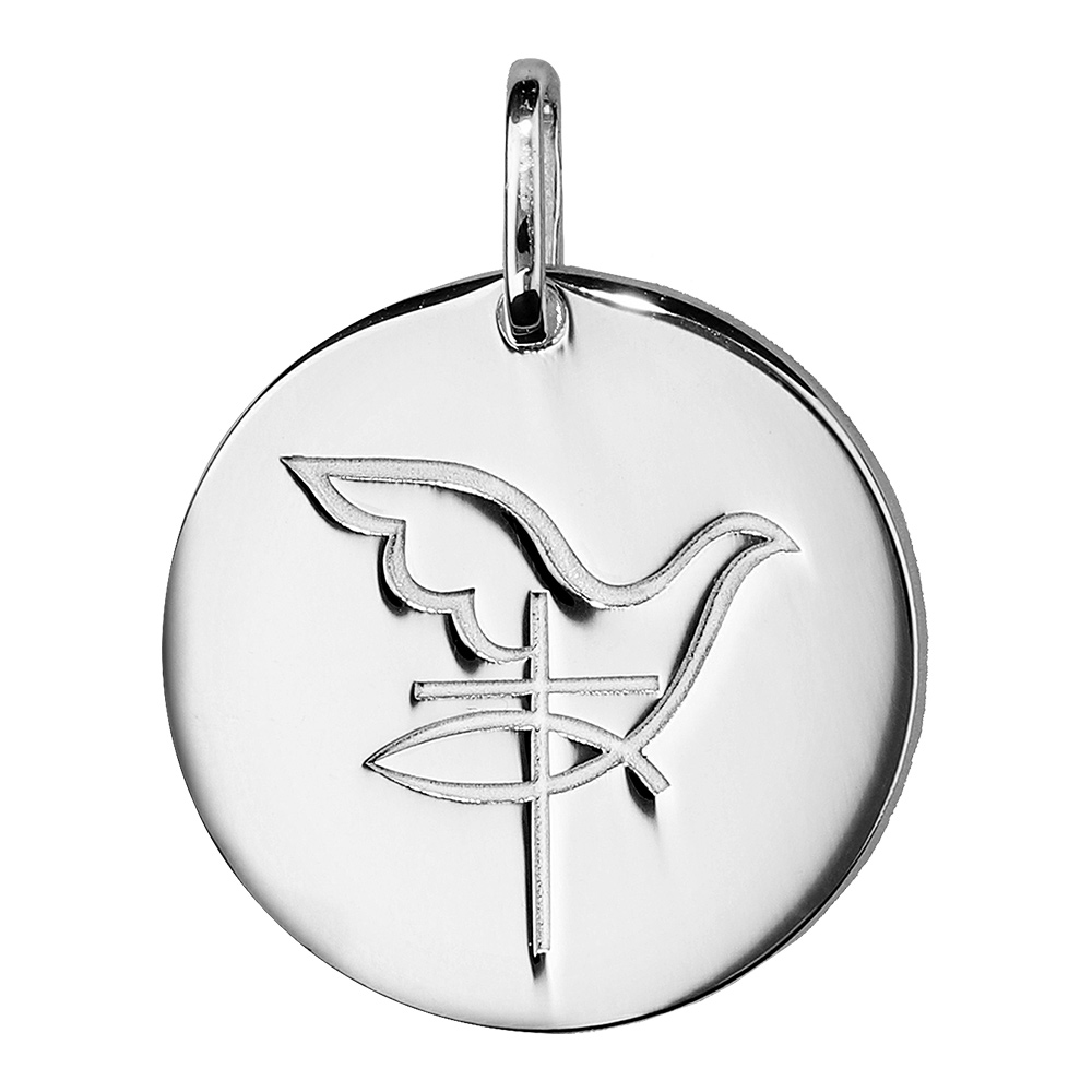 Pendentif en argent rhodi� m�daille ronde colombe avec croix - Vue 1