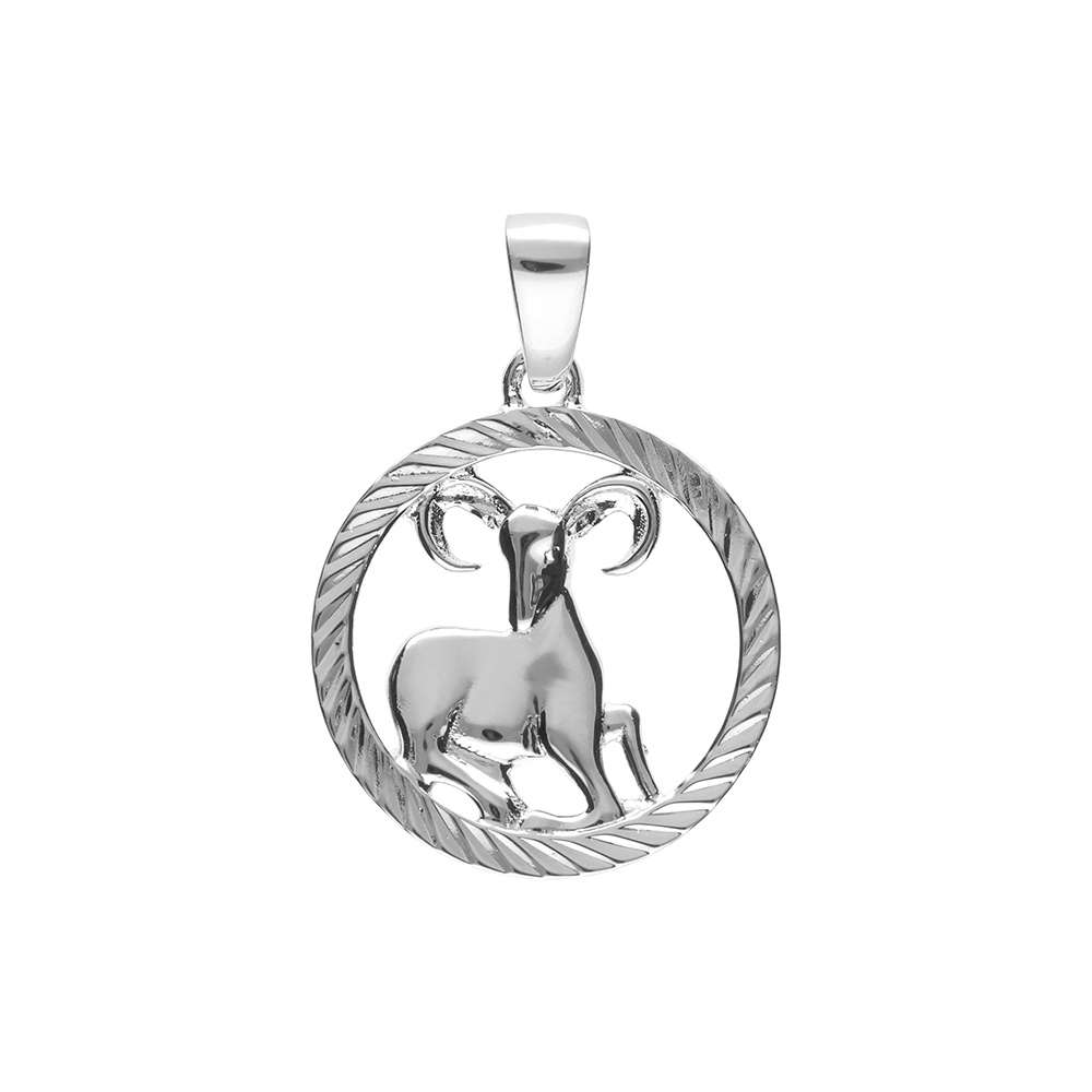 Pendentif en argent rhodi� m�daille striee15mm zodiaque b�lier decoup� - Vue 1
