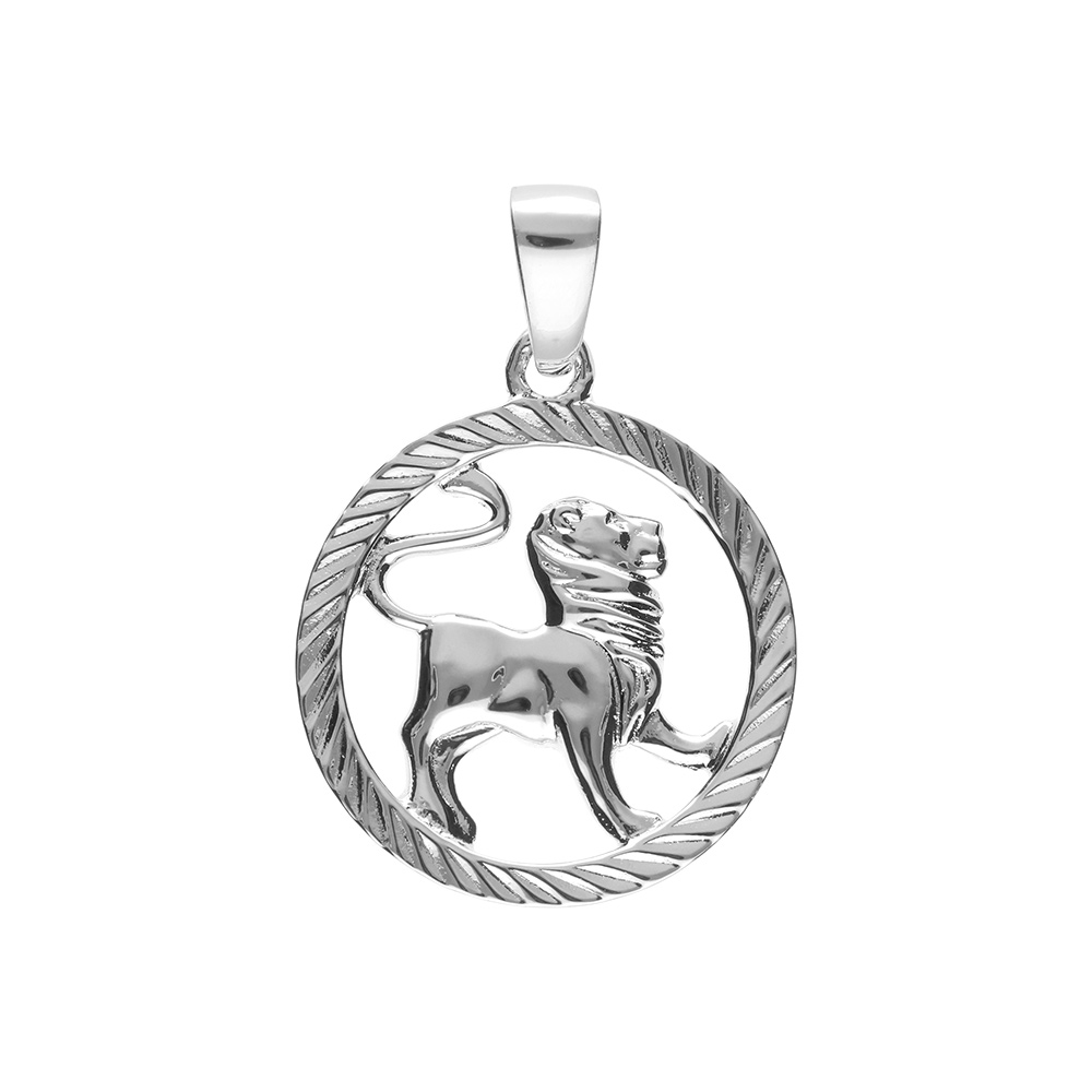 Pendentif en argent rhodi� m�daille stri�e15mm zodiaque lion decoup� - Vue 1