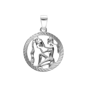 Pendentif en argent rhodié médaille strieée 15mm zodiaque verseau decoupé - Vue 1