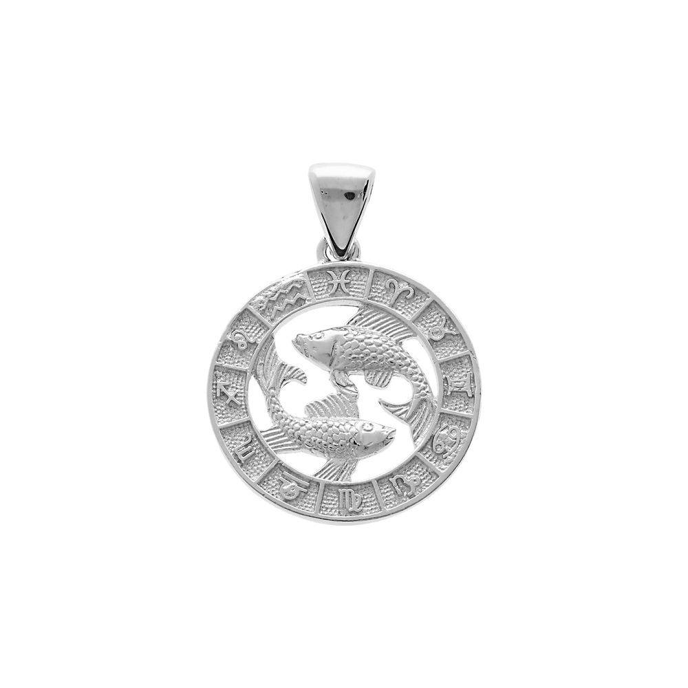 Pendentif en argent rhodi� m�daille zodiaque Poissons - Vue 1