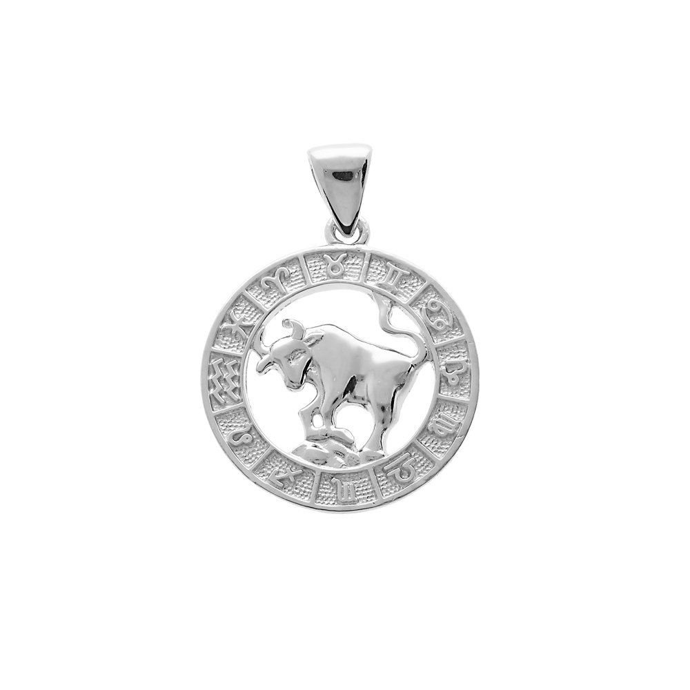 Pendentif en argent rhodi mdaille zodiaque Taureau - Vue 1