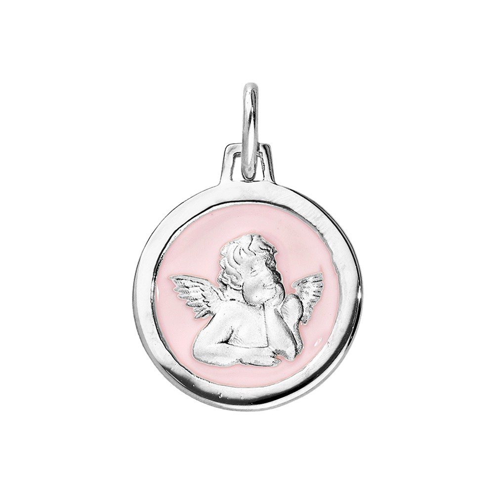 Pendentif en argent rhodi� ovale Ange sur fond rose p�le - Vue 1