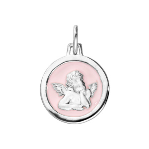 Pendentif en argent rhodi ovale Ange sur fond rose ple - Vue 1