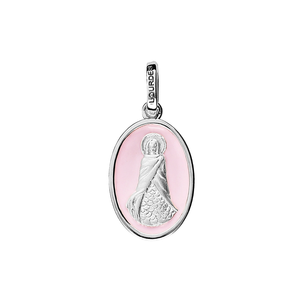 Pendentif en argent rhodi� ovale Sainte Sara fond fond rose p�le - Vue 1