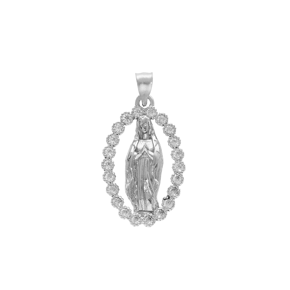 Pendentif en argent rhodi ovale vierge Lourdes avec oxydes blancs sertis - 18X12 - Vue 1
