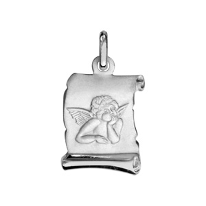 Pendentif en argent rhodi� parchemin avec ange en relief - 13X11mm