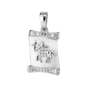 Pendentif en argent rhodié parchemin zodiaque Sagittaire avec oxydes blancs sertis fond sablé - Vue 1