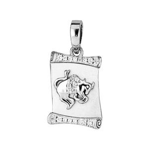 Pendentif en argent rhodié parchemin zodiaque Taureau avec oxydes blancs sertis fond sablé - Vue 1