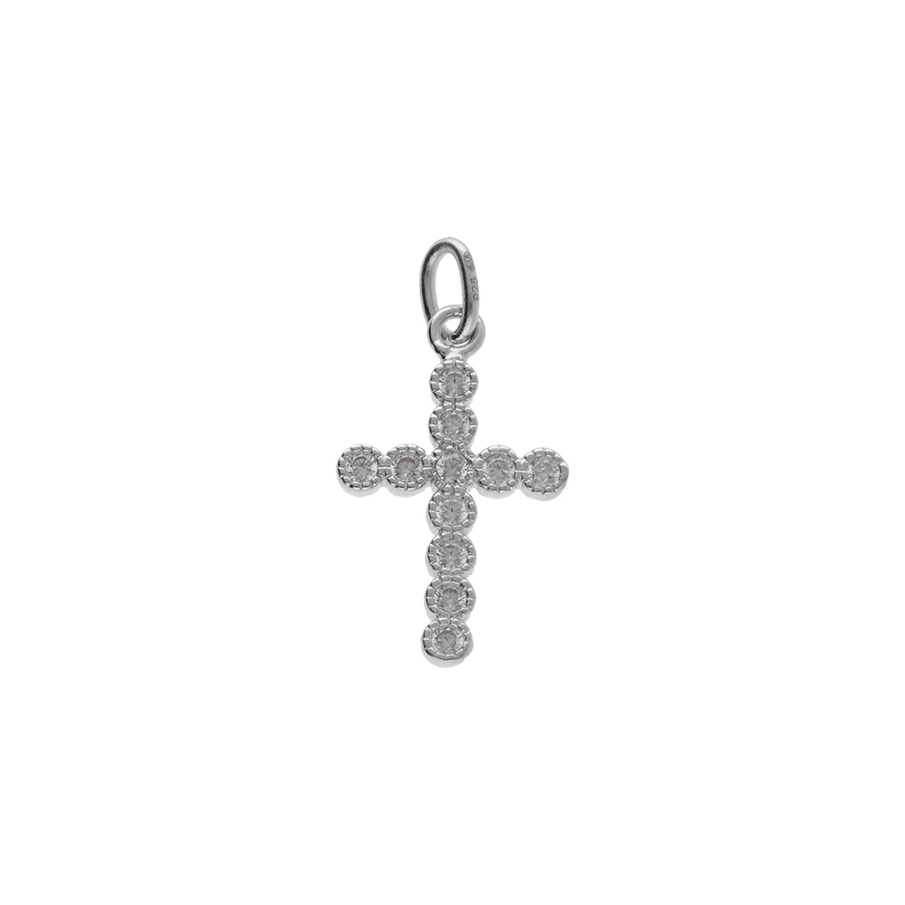 Pendentif en argent rhodi� petite croix avec oxydes blancs - 12 x 16mm - Vue 1