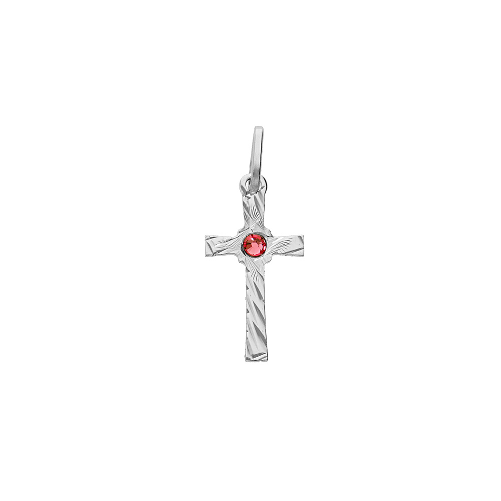Pendentif en argent rhodi� petite croix motifs stri�s avec oxyde rouge au centre - Vue 1