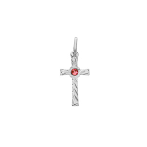Pendentif en argent rhodi petite croix motifs stris avec oxyde rouge au centre - Vue 1