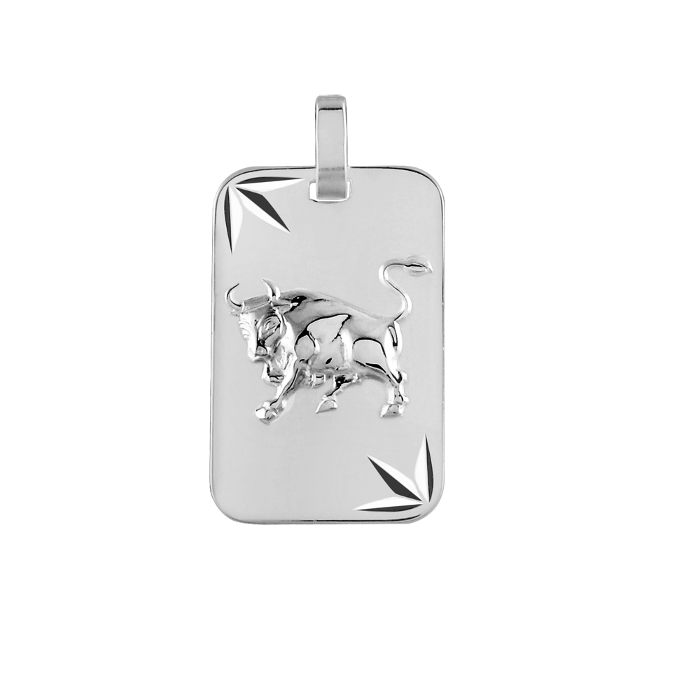 Pendentif en argent rhodi� plaque G.I diamant� �toil� zodiaque Taureau - Vue 1