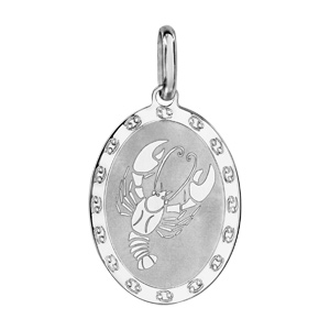Pendentif en argent rhodi plaque ovale zodiaque Cancer mat et brillant - Vue 1
