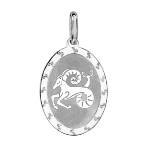 Pendentif en argent rhodi plaque ovale zodiaque Capricorne mat et brillant - Vue 1