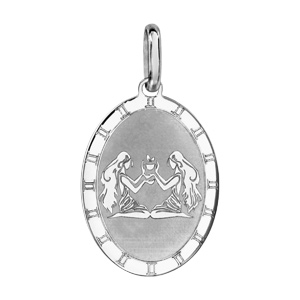 Pendentif en argent rhodi plaque ovale zodiaque Gmeaux mat et brillant - Vue 1