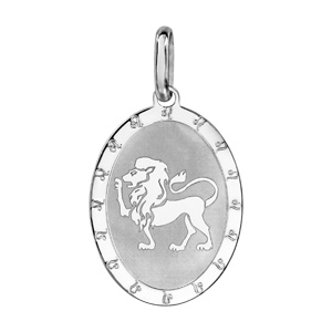 Pendentif en argent rhodi plaque ovale zodiaque Lion mat et brillant - Vue 1