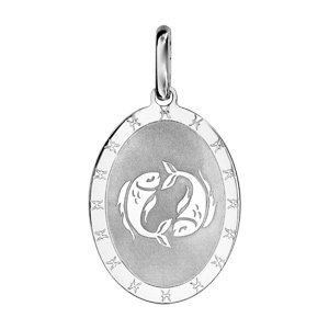 Pendentif en argent rhodi plaque ovale zodiaque Poissons mat et brillant - Vue 1