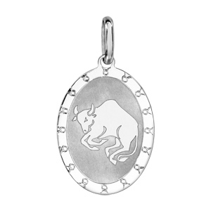 Pendentif en argent rhodi plaque ovale zodiaque Taureau mat et brillant - Vue 1