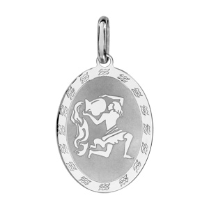 Pendentif en argent rhodi plaque ovale zodiaque Verseau mat et brillant - Vue 1