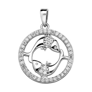 Pendentif en argent rhodi rond avec signe du zodiaque Poisson et contour d\'oxydes blancs sertis - Vue 1