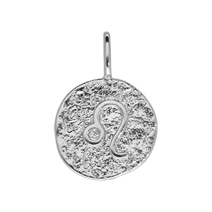 Pendentif en argent rhodié rond martelé avec signe du zodiaque Lion - Vue 1