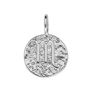 Pendentif en argent rhodié rond martelé avec signe du zodiaque Scorpion - Vue 1