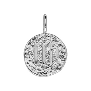 Pendentif en argent rhodié rond martelé avec signe du zodiaque Vierge - Vue 1